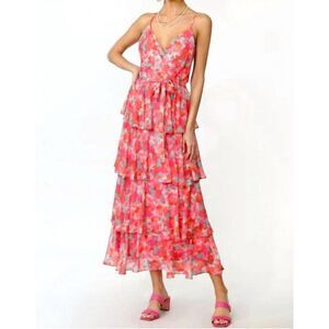 Adelyn Rae Ruffle Floral V-Neck Spaghetti Strap Open Back Tiered Midi Dress S